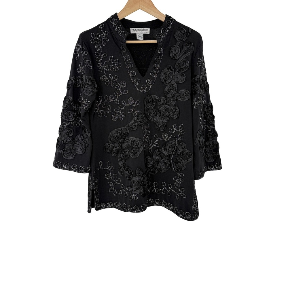 Lauren Michelle Embellished Rose Floral Beaded Black‎ Tunic Top Medium